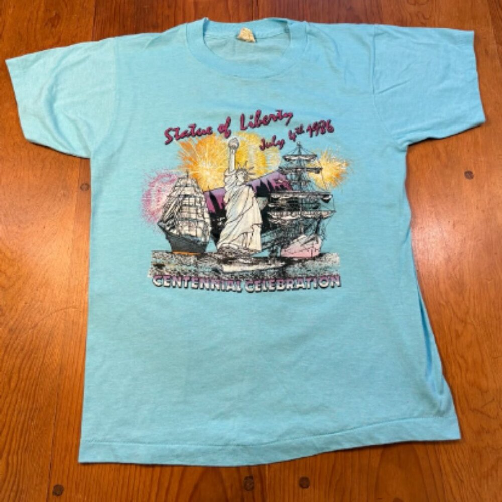 Vintage Celebration 4 July 1986 Statue Of Liberty Men's T Shirt Fishing Blue S